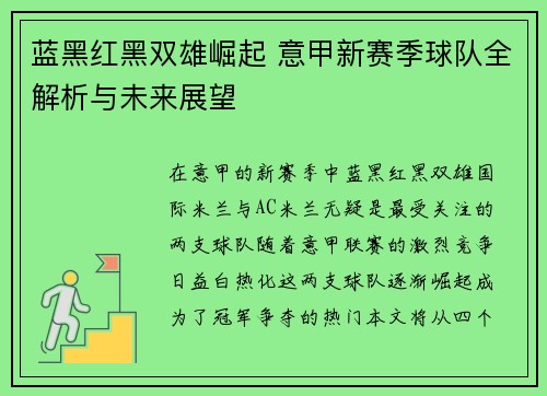 蓝黑红黑双雄崛起 意甲新赛季球队全解析与未来展望